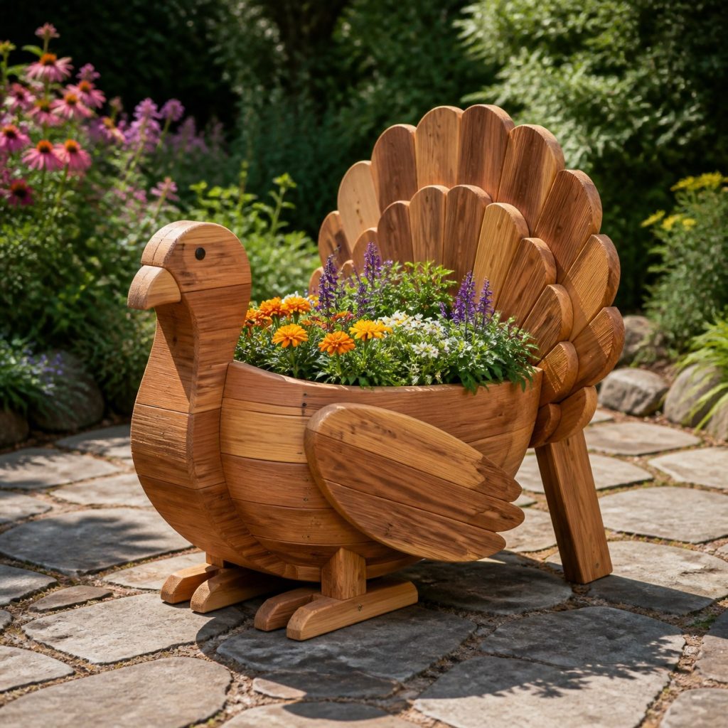 Classic Fan-Tail Cedar Turkey shown as a square photorealistic cedar turkey-shaped garden planter filled with flowers