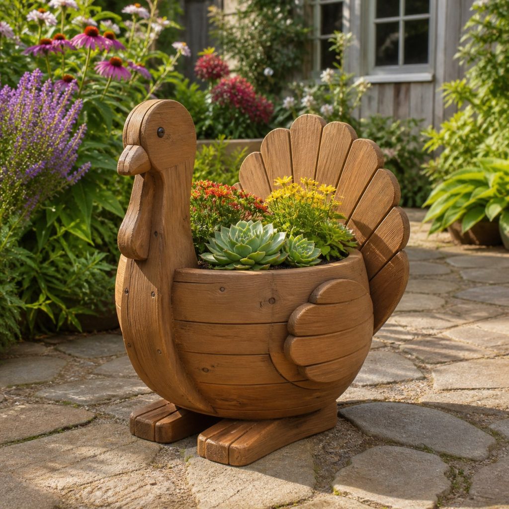 Compact Succulent Turkey shown as a square photorealistic cedar turkey-shaped garden planter filled with flowers