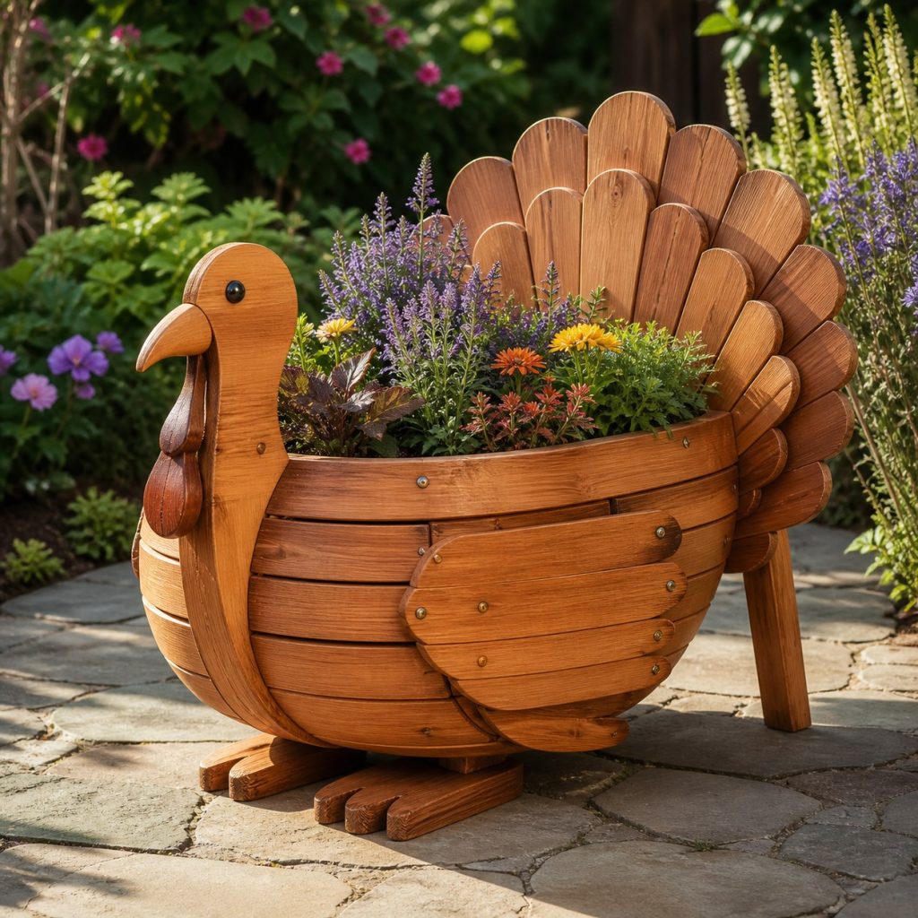 Slatted Herb-Trough Turkey shown as a square photorealistic cedar turkey-shaped garden planter filled with flowers