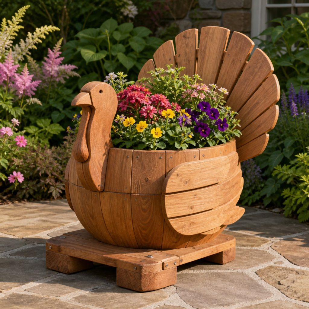Turkey with Galvanized Liner shown as a square photorealistic cedar turkey-shaped garden planter filled with flowers
