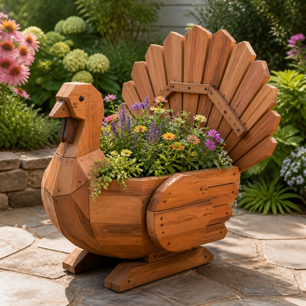 Modern Geometric Turkey shown as a square photorealistic cedar turkey-shaped garden planter filled with flowers
