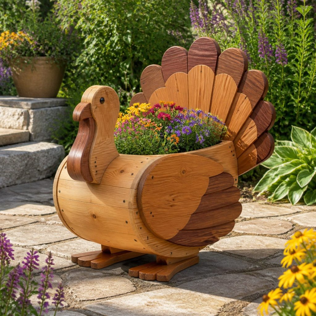 Two-Tone Cedar Turkey shown as a square photorealistic cedar turkey-shaped garden planter filled with flowers