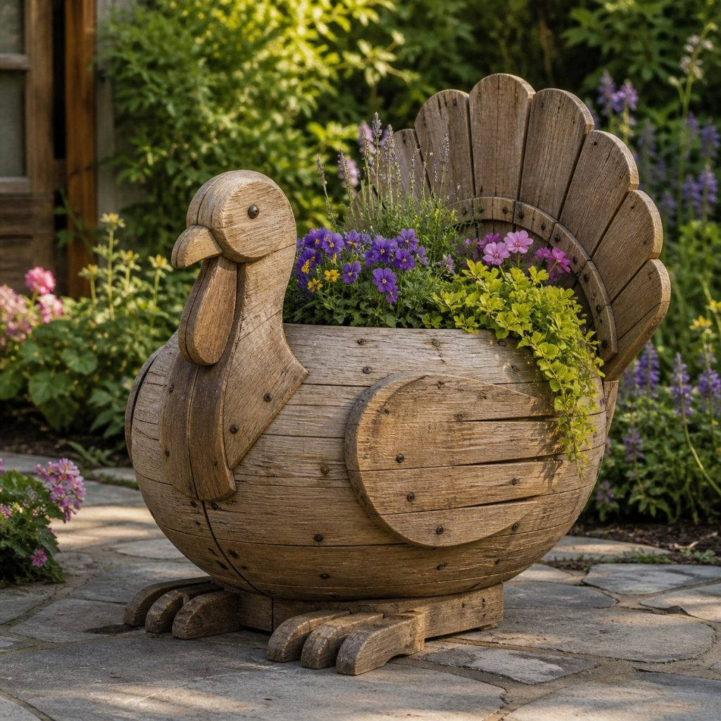 Weathered Cottage Turkey shown as a square photorealistic cedar turkey-shaped garden planter filled with flowers