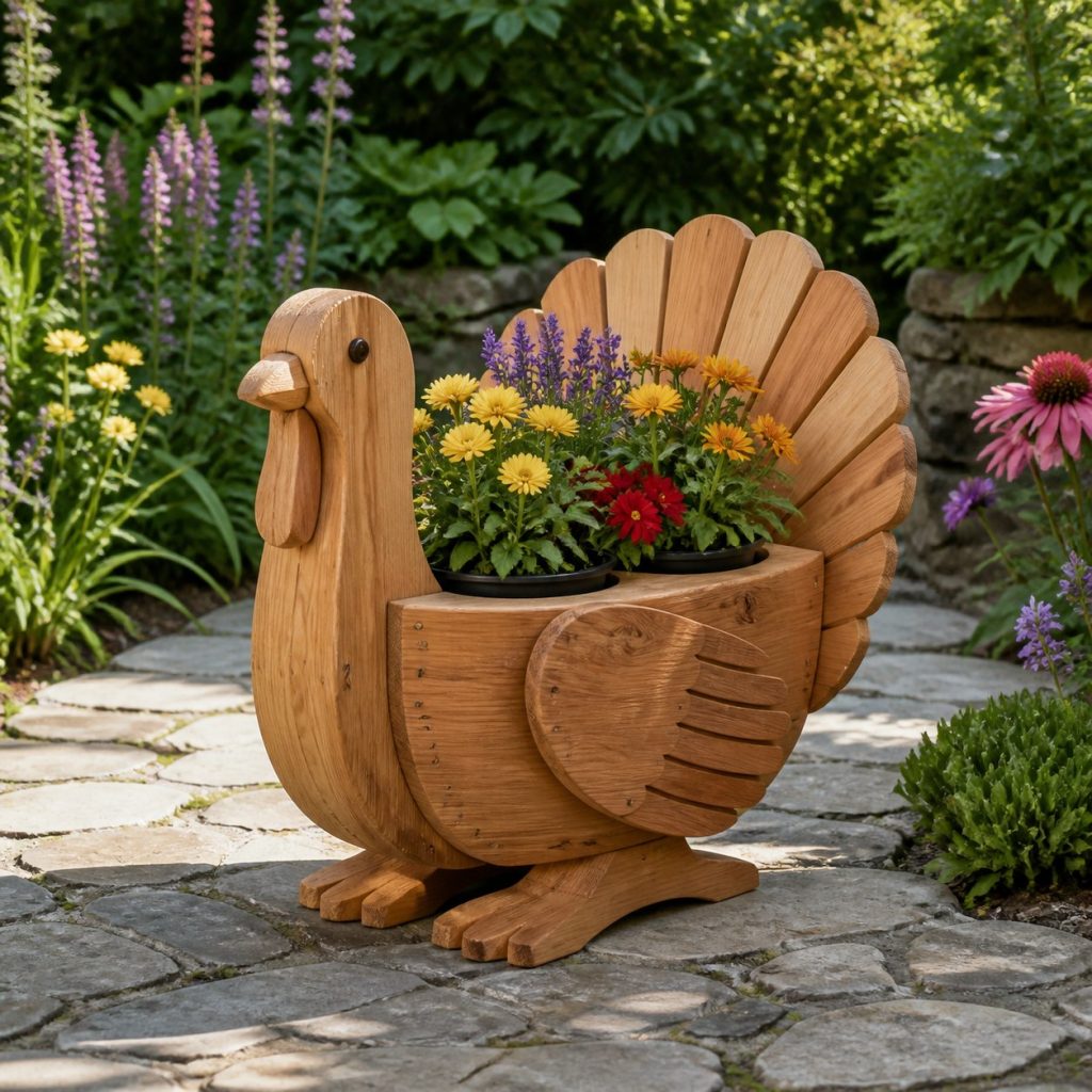 Turkey with Twin Flower Pots shown as a square photorealistic cedar turkey-shaped garden planter filled with flowers