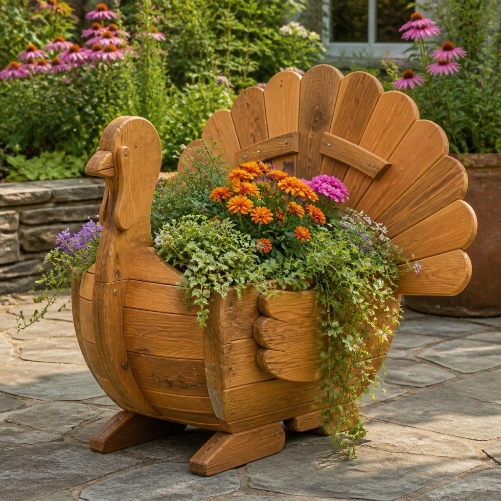 Trailing-Flower Turkey shown as a square photorealistic cedar turkey-shaped garden planter filled with flowers