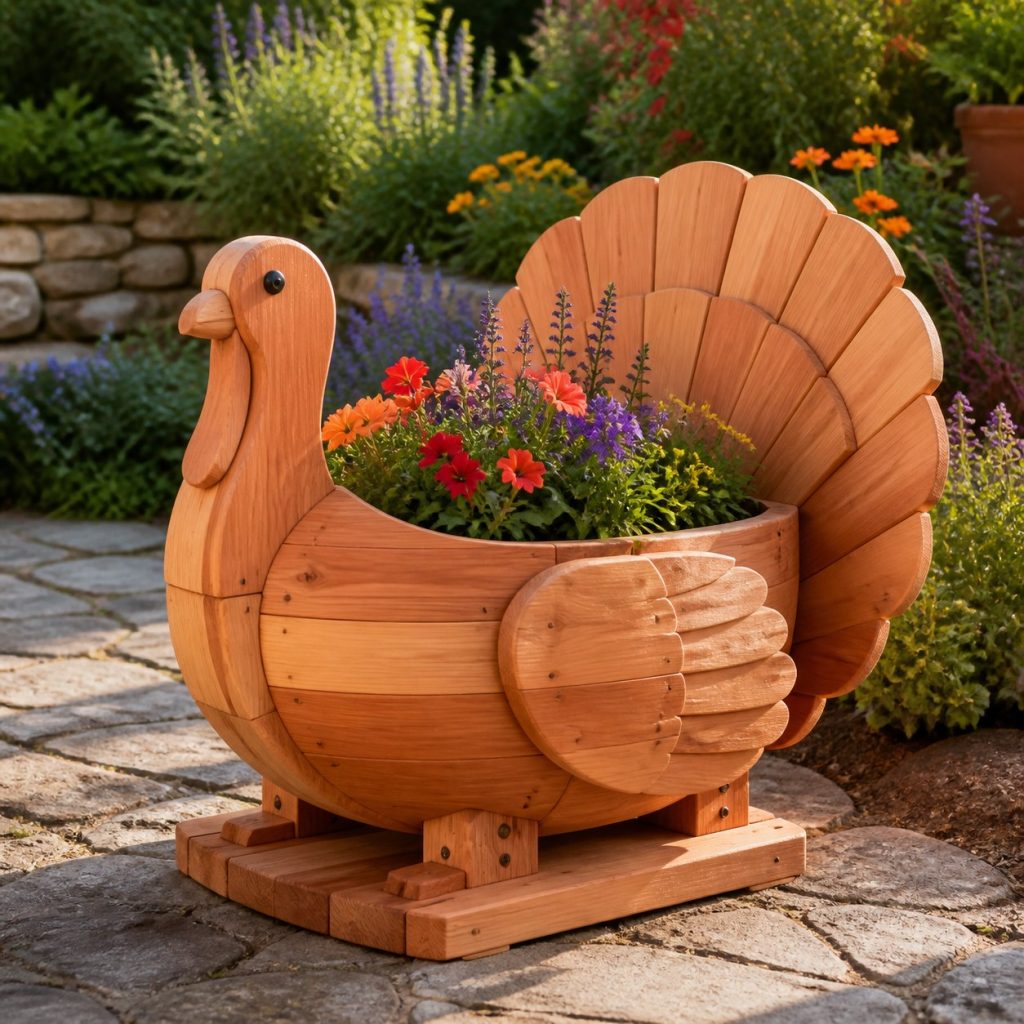 Large Grass-Filled Turkey shown as a square photorealistic cedar turkey-shaped garden planter filled with flowers