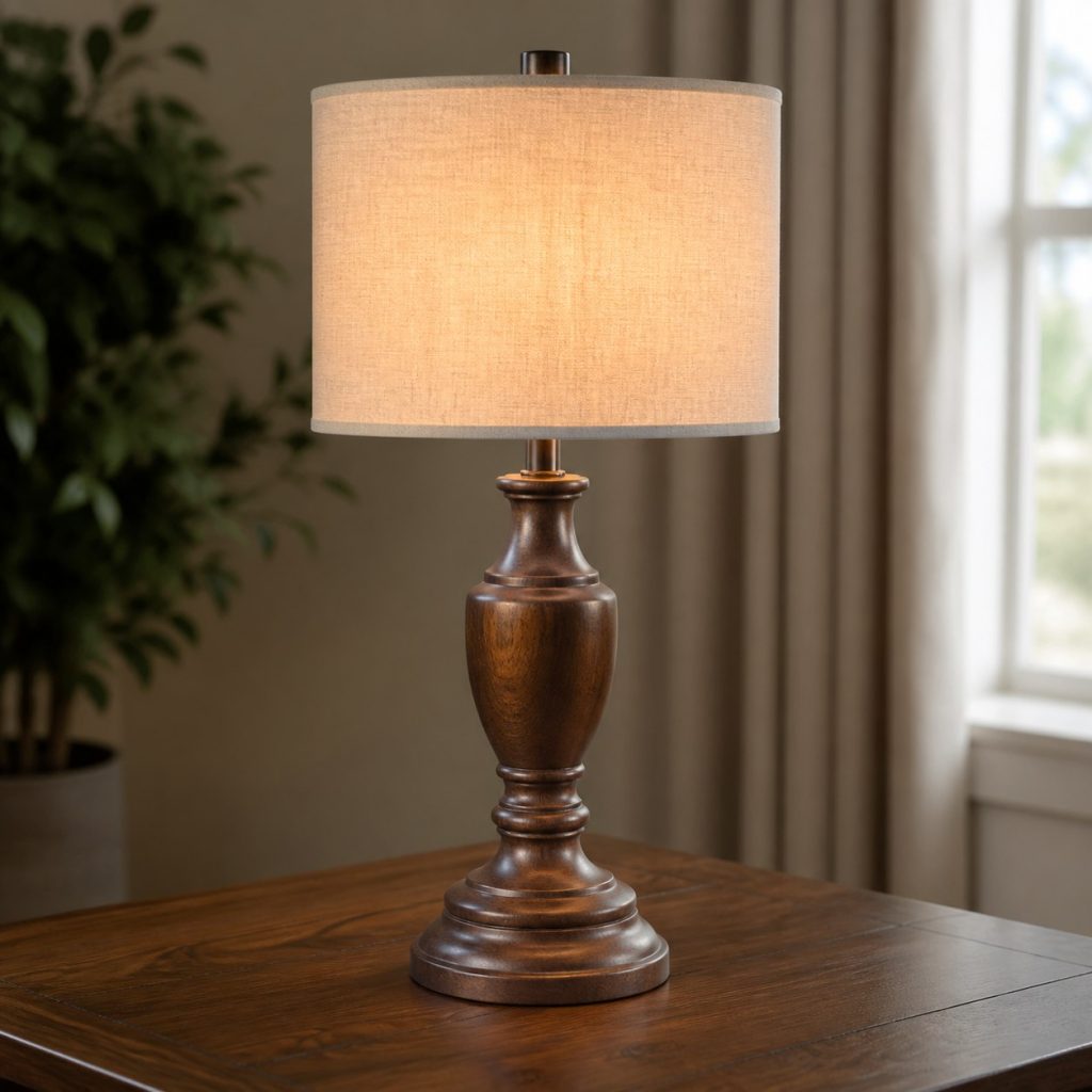 Walnut Turned-Baluster Lamp shown as an original square photorealistic turned wood lamp with real wood grain, warm LED light, and physically plausible support