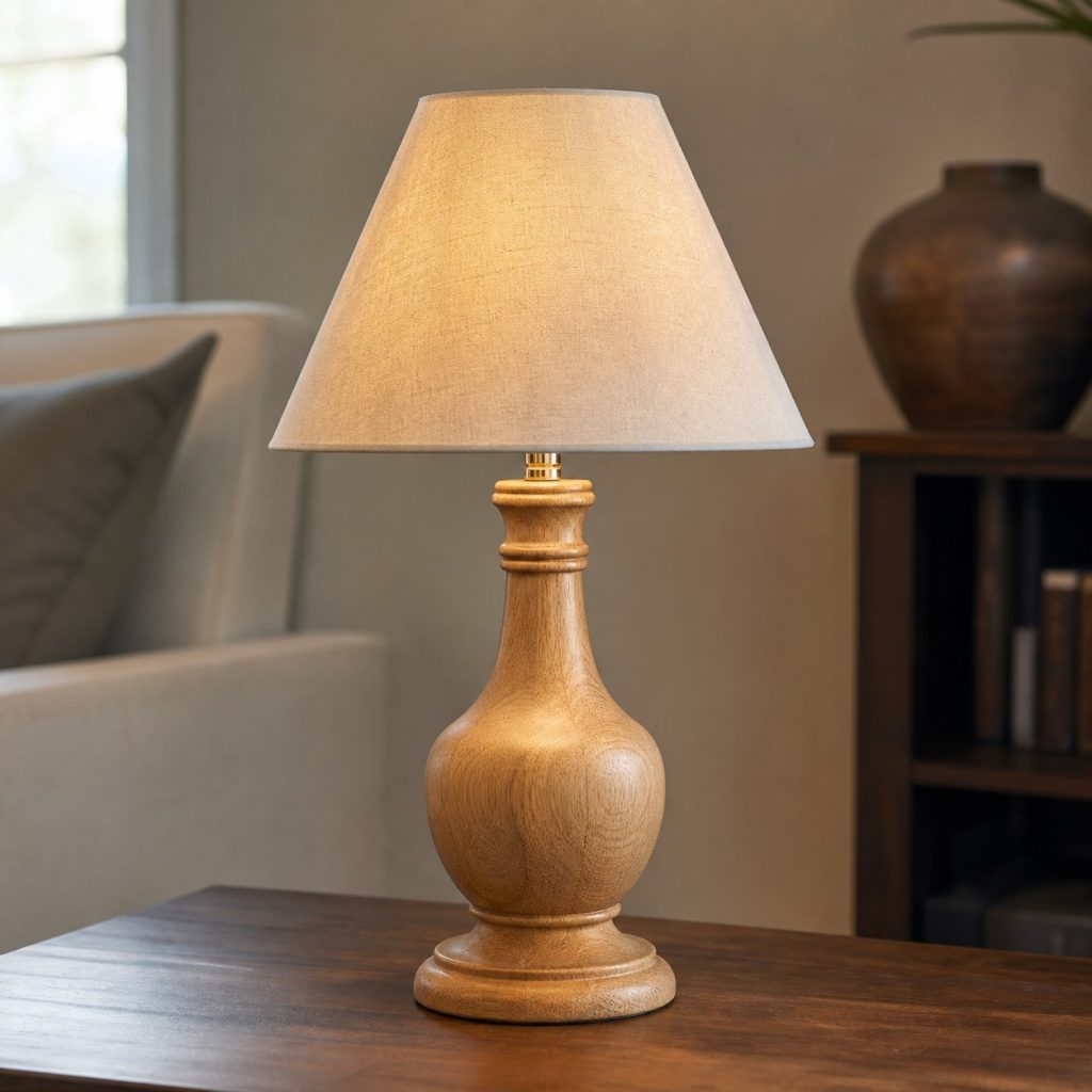 White-Oak Turned-Bottle Lamp shown as an original square photorealistic turned wood lamp with real wood grain, warm LED light, and physically plausible support