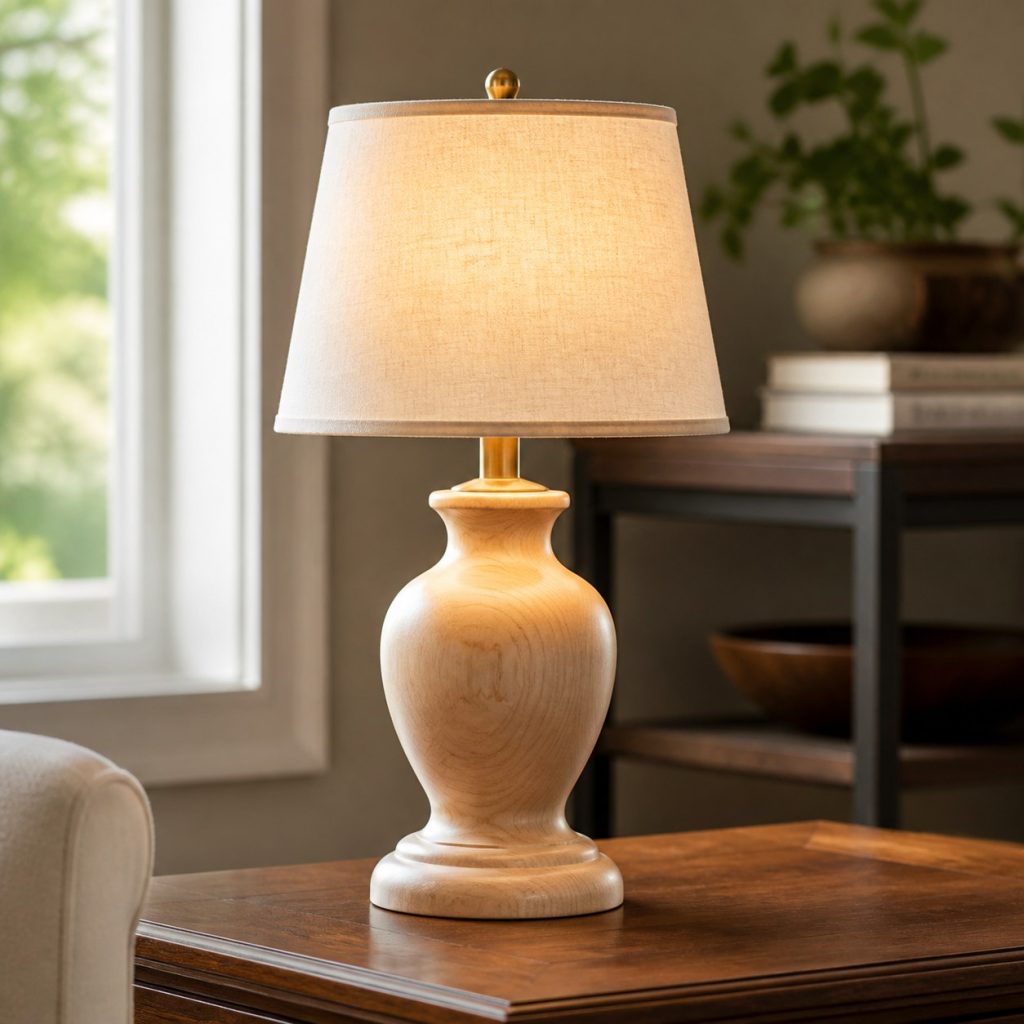 Maple Turned-Urn Bedside Lamp shown as an original square photorealistic turned wood lamp with real wood grain, warm LED light, and physically plausible support