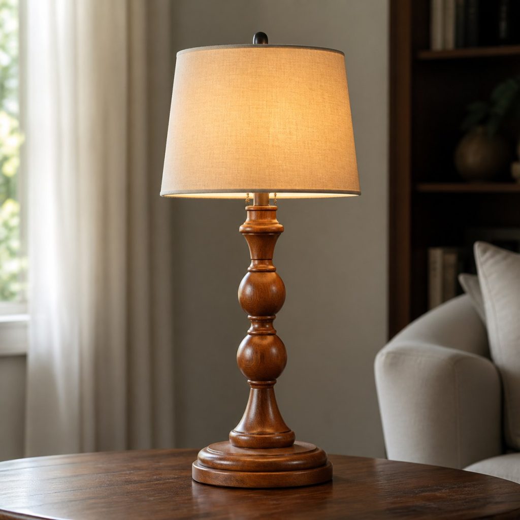 Cherry Turned-Column Lamp shown as an original square photorealistic turned wood lamp with real wood grain, warm LED light, and physically plausible support