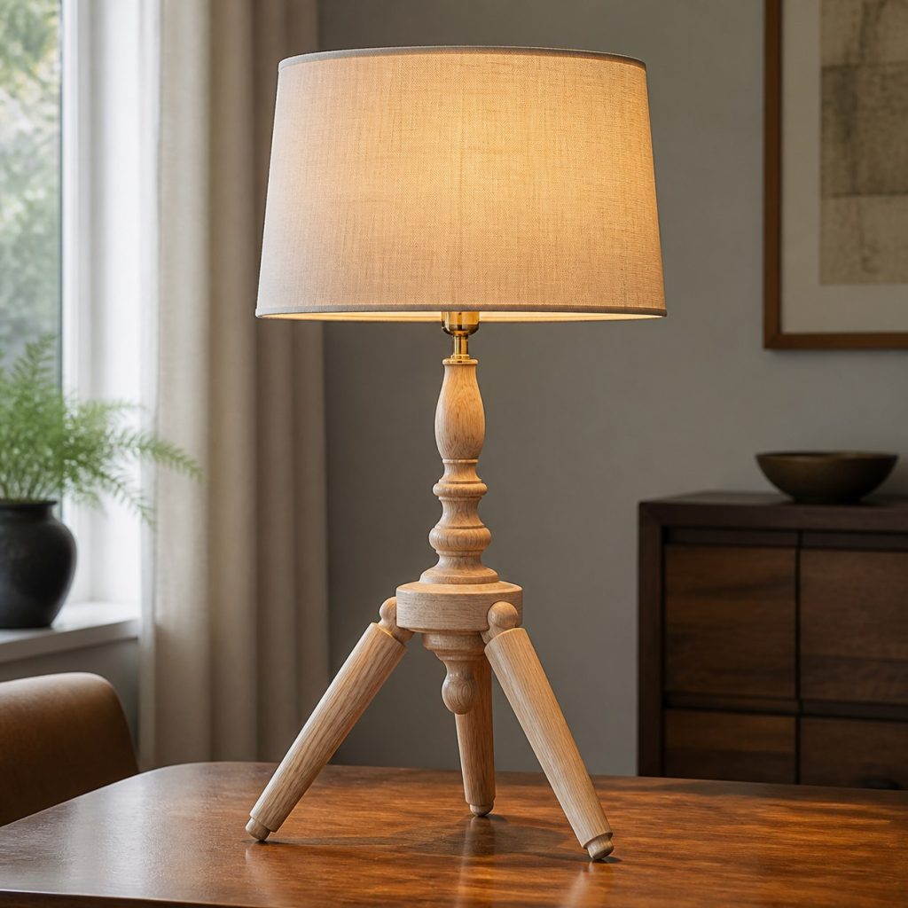 Ash Turned-Spindle Tripod Lamp shown as an original square photorealistic turned wood lamp with real wood grain, warm LED light, and physically plausible support
