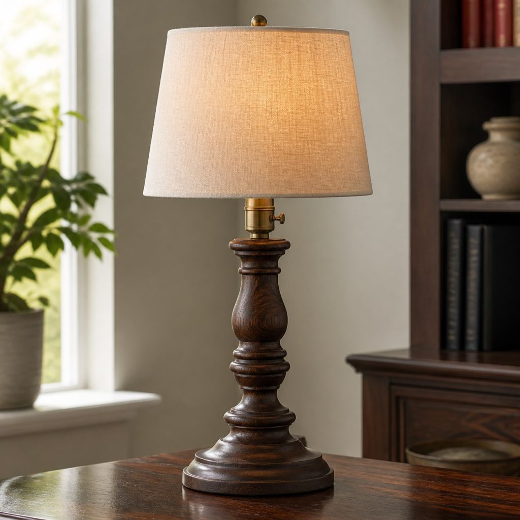 Dark-Oak Turned Candlestick-Style Lamp shown as an original square photorealistic turned wood lamp with real wood grain, warm LED light, and physically plausible support
