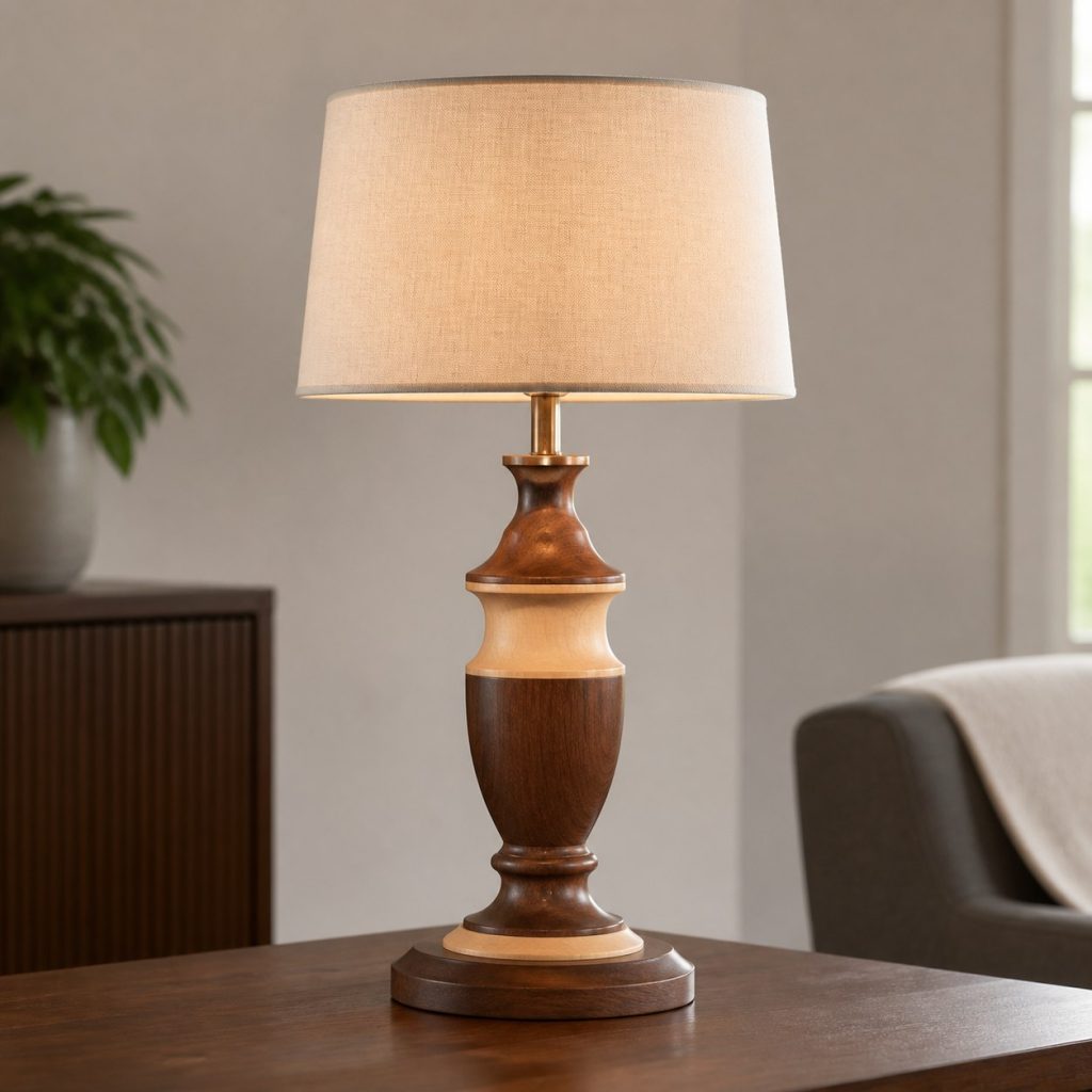 Two-Tone Sectional Turned Lamp shown as an original square photorealistic turned wood lamp with real wood grain, warm LED light, and physically plausible support