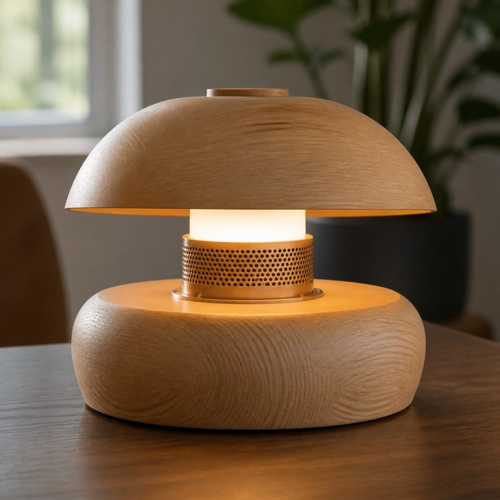 Turned Beech Mushroom Lamp shown as an original square photorealistic turned wood lamp with real wood grain, warm LED light, and physically plausible support