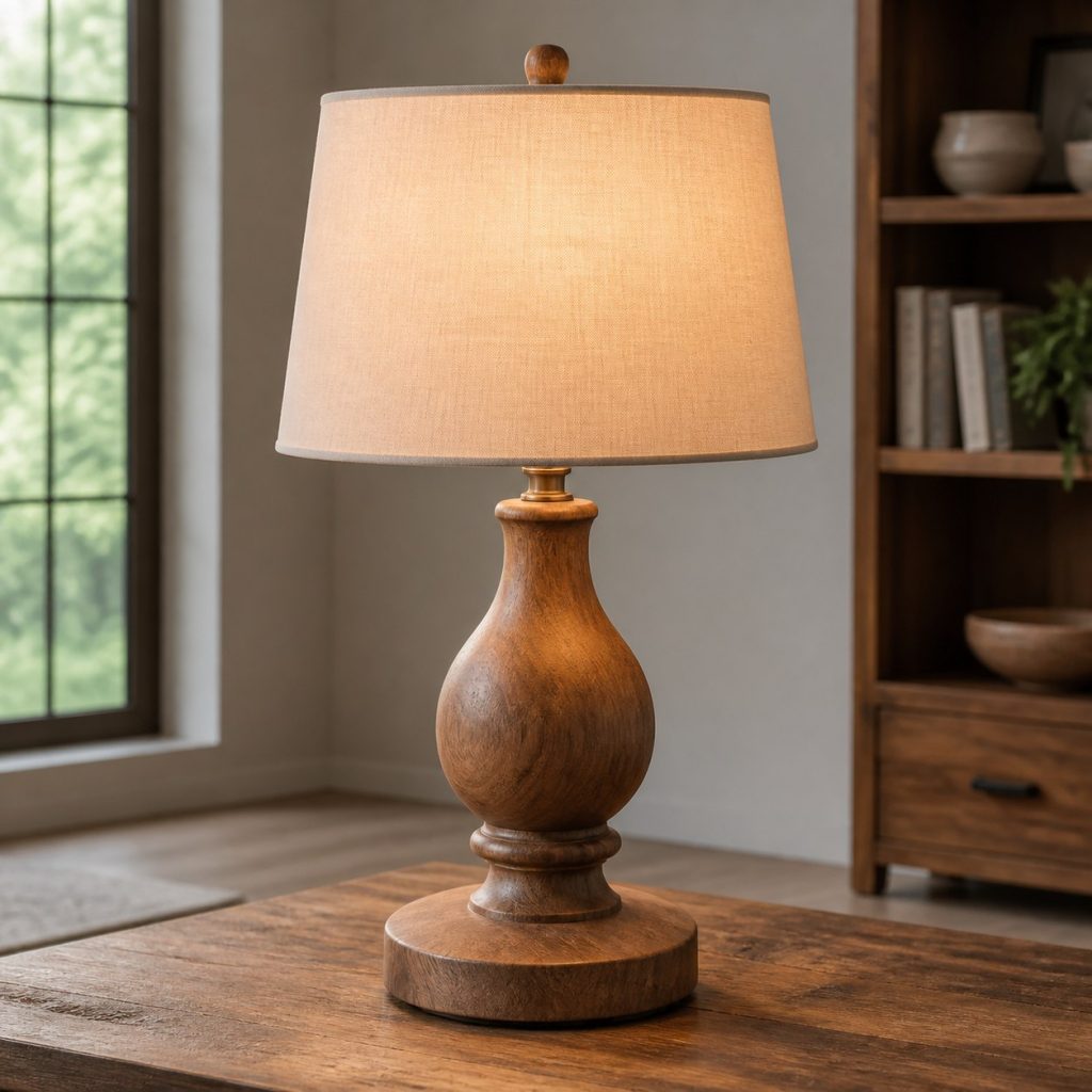 Reclaimed-Elm Turned Lamp shown as an original square photorealistic turned wood lamp with real wood grain, warm LED light, and physically plausible support