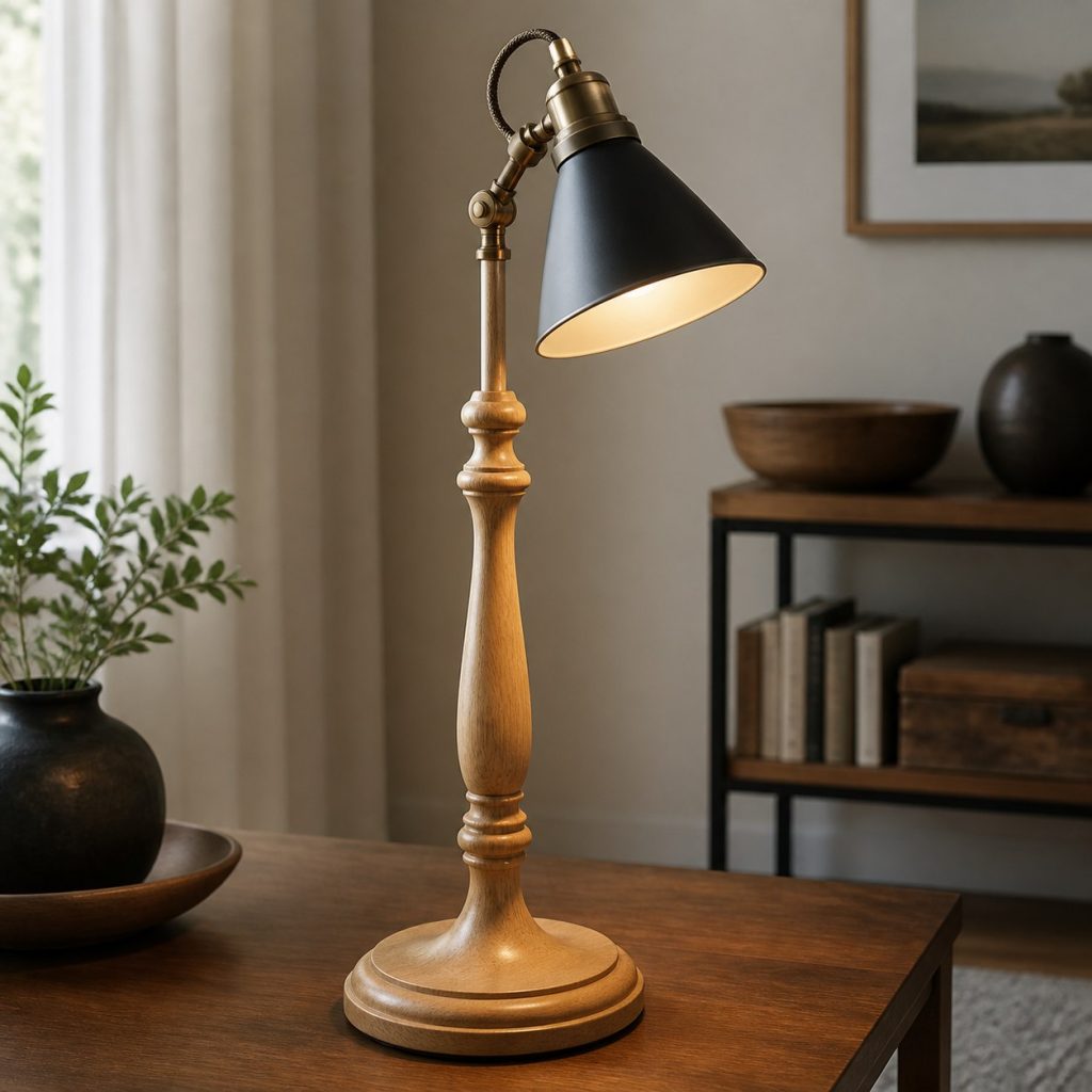 Tall Turned-Ash Reading Lamp shown as an original square photorealistic turned wood lamp with real wood grain, warm LED light, and physically plausible support