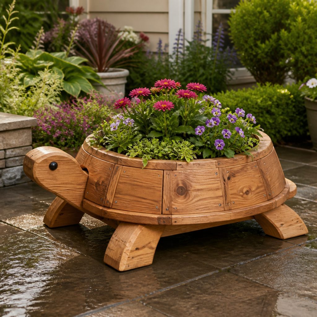Classic Cedar-Shell Turtle shown as a square photorealistic cedar garden planter filled with cottage flowers