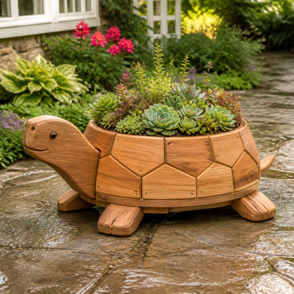 Compact Succulent Turtle shown as a square photorealistic cedar garden planter filled with cottage flowers