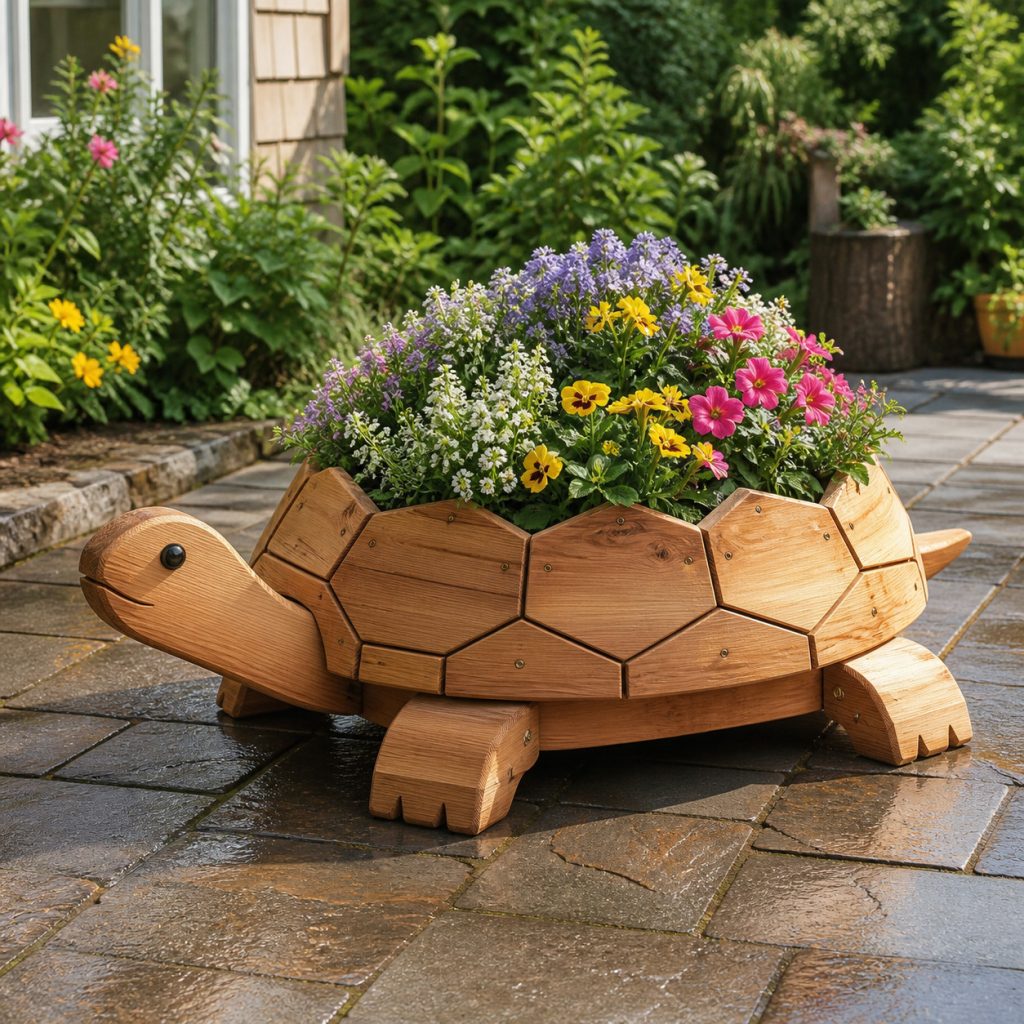 Layered-Scute Garden Turtle shown as a square photorealistic cedar garden planter filled with cottage flowers