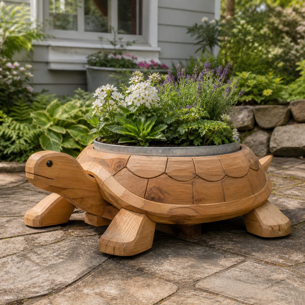Turtle with Galvanized Shell Bowl shown as a square photorealistic cedar garden planter filled with cottage flowers