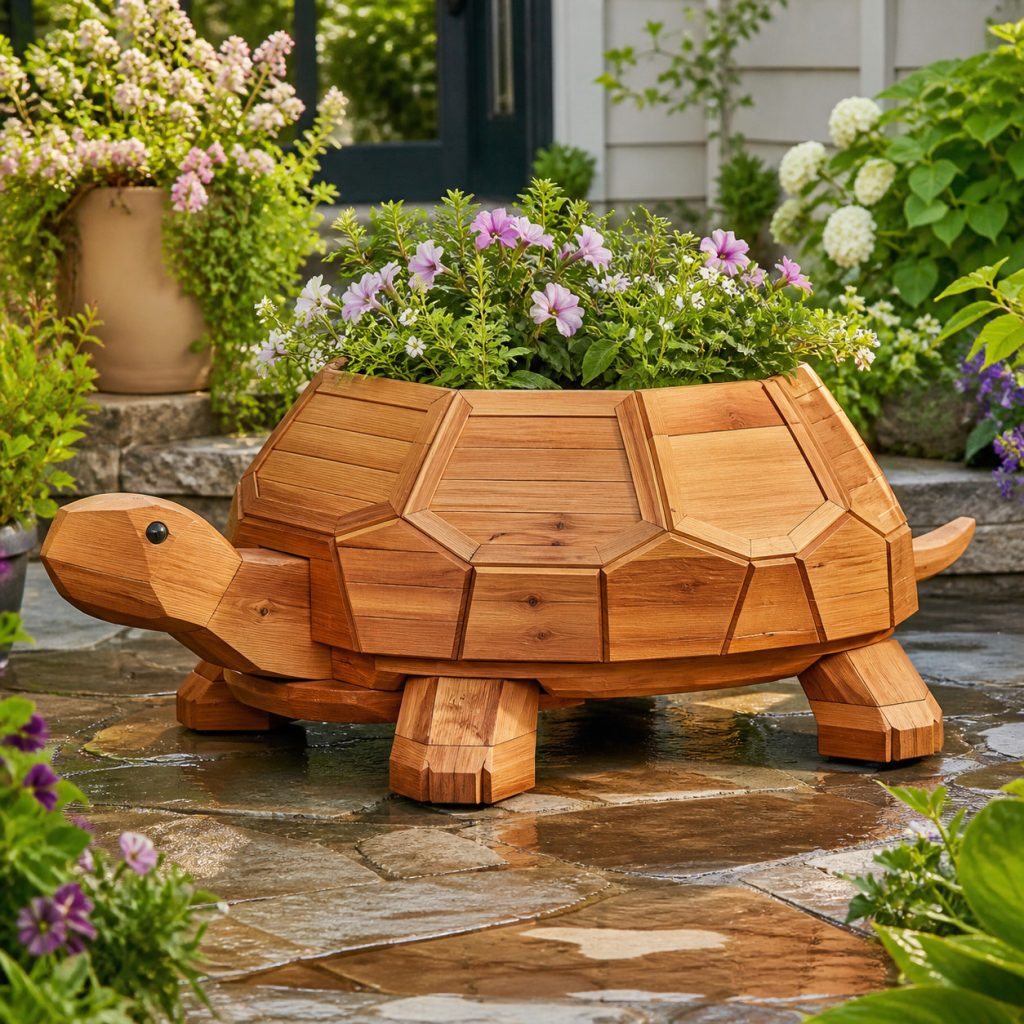 Modern Geometric Turtle shown as a square photorealistic cedar garden planter filled with cottage flowers
