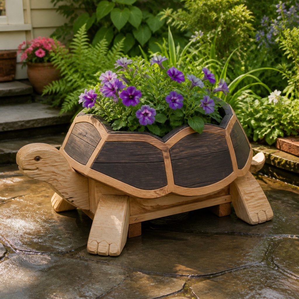 Two-Tone Shell Turtle shown as a square photorealistic cedar garden planter filled with cottage flowers