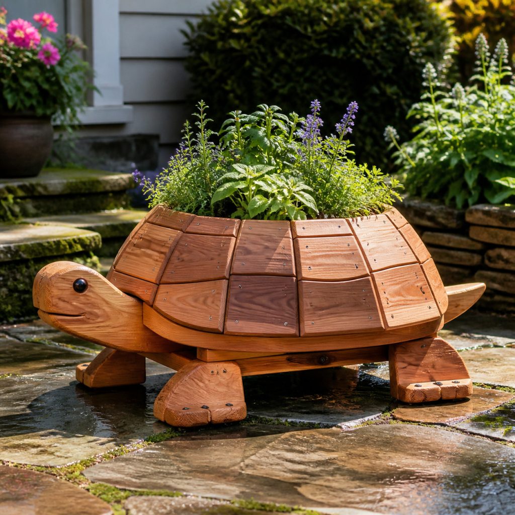 Low Herb-Planter Turtle shown as a square photorealistic cedar garden planter filled with cottage flowers