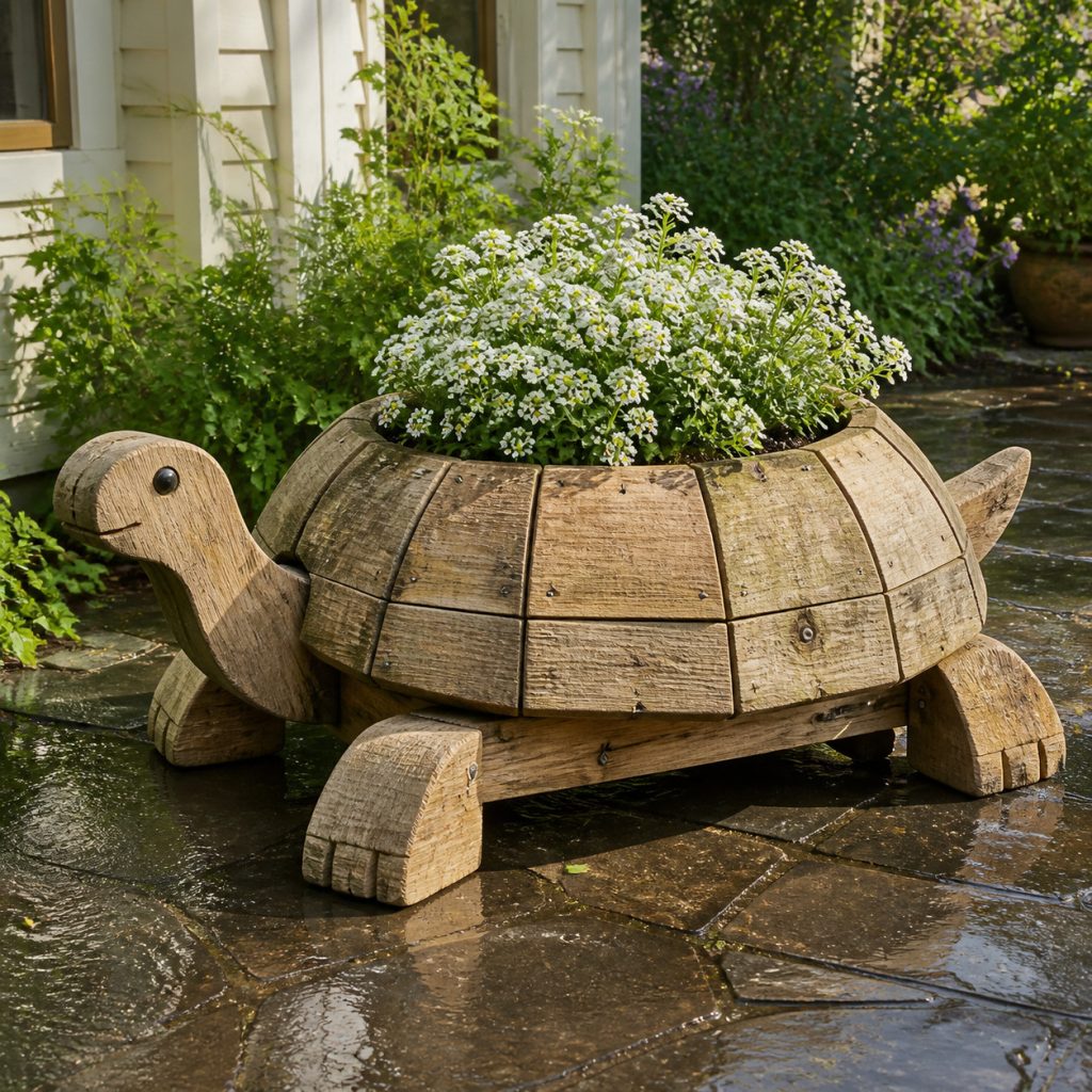 Weathered Cottage Turtle shown as a square photorealistic cedar garden planter filled with cottage flowers