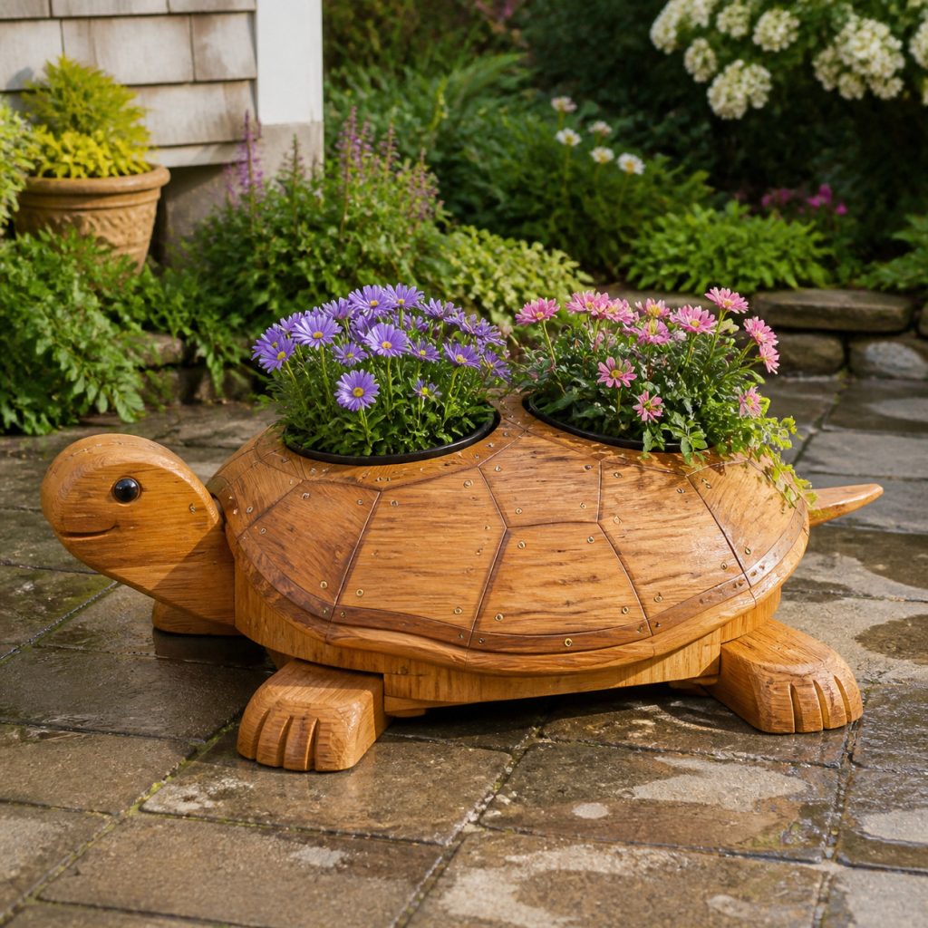 Twin-Pot Turtle Shell shown as a square photorealistic cedar garden planter filled with cottage flowers