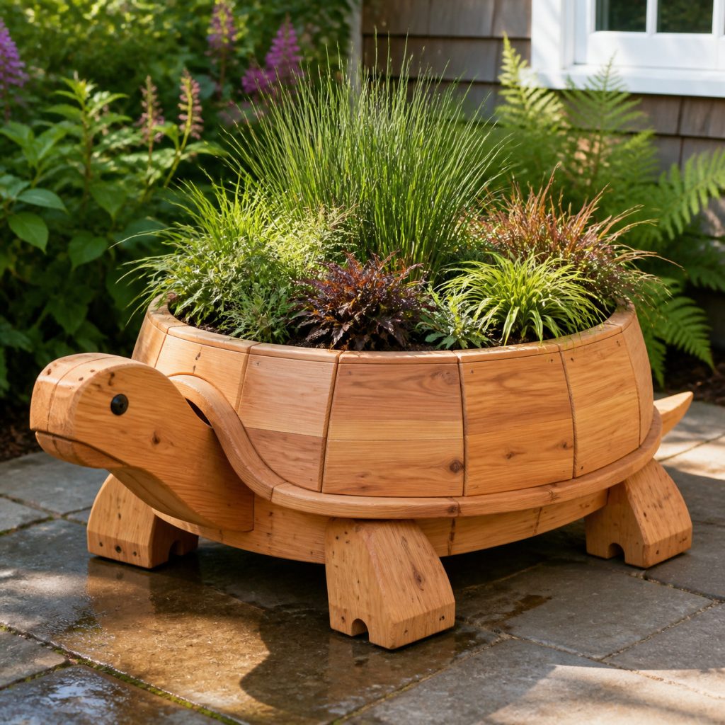 Large Grass-Filled Turtle shown as a square photorealistic cedar garden planter filled with cottage flowers