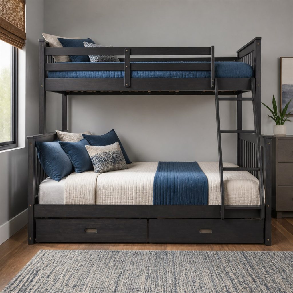 Charcoal twin-over-full bunk bed with two base drawers