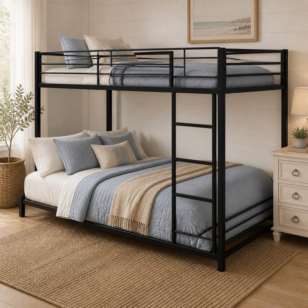 Minimal black metal twin-over-full bunk bed with side ladder