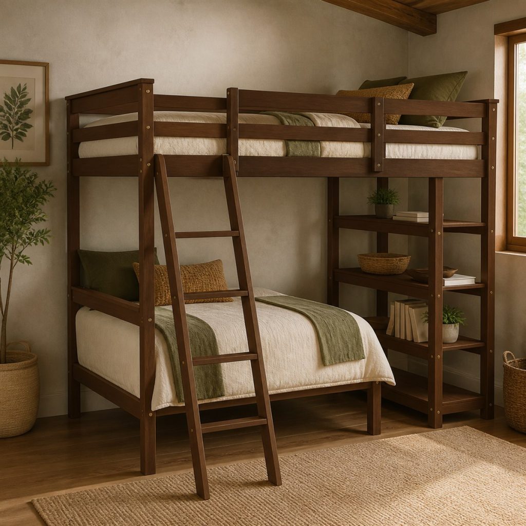 Warm wood twin-over-full bunk bed with angled ladder and end shelves