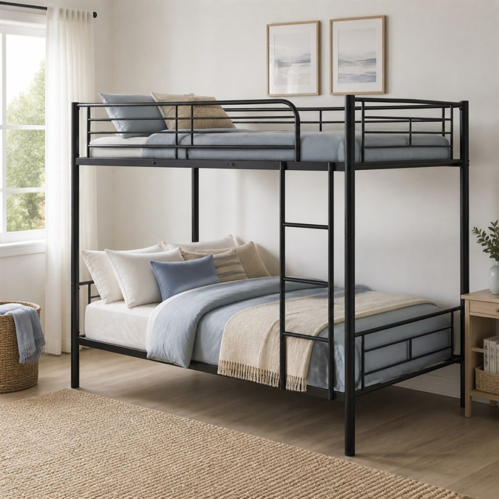 Straight black metal twin-over-full bunk bed in a neutral guest room