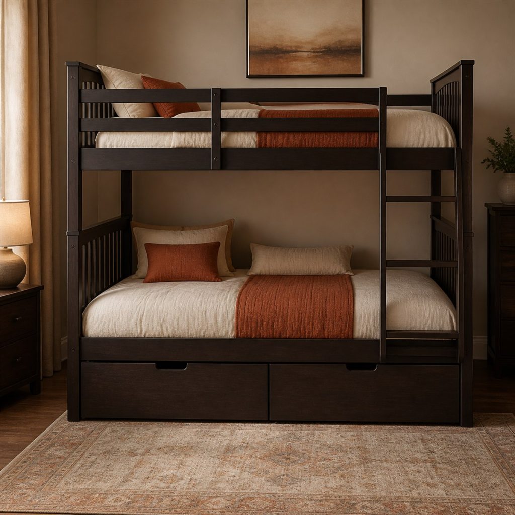 Espresso twin-over-full bunk bed with broad storage drawers