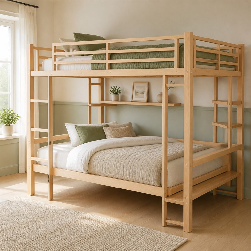 Natural wood twin-over-full bunk bed with vertical end ladder