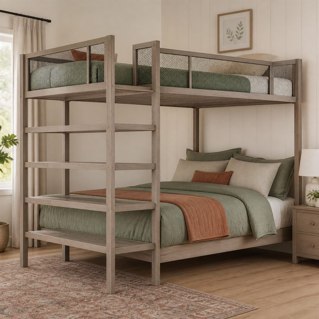 Weathered gray twin-over-full bunk bed with shelf-style end unit