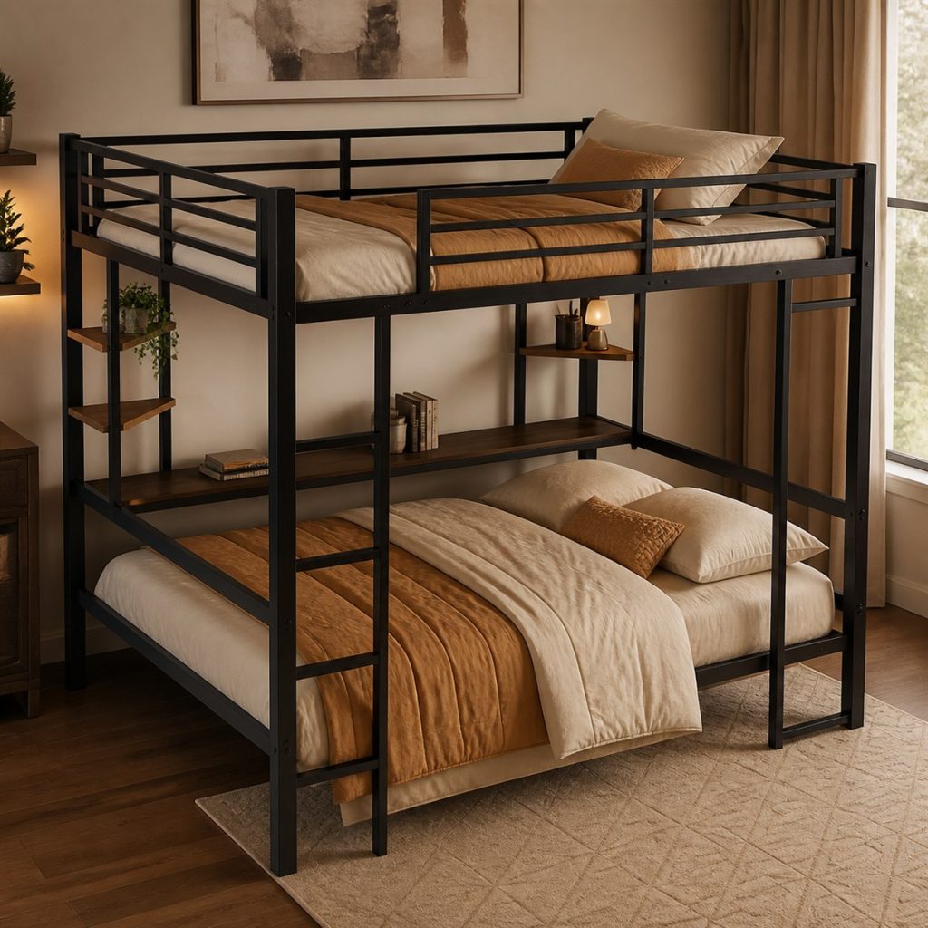 Industrial black twin-over-full bunk bed with warm neutral bedding