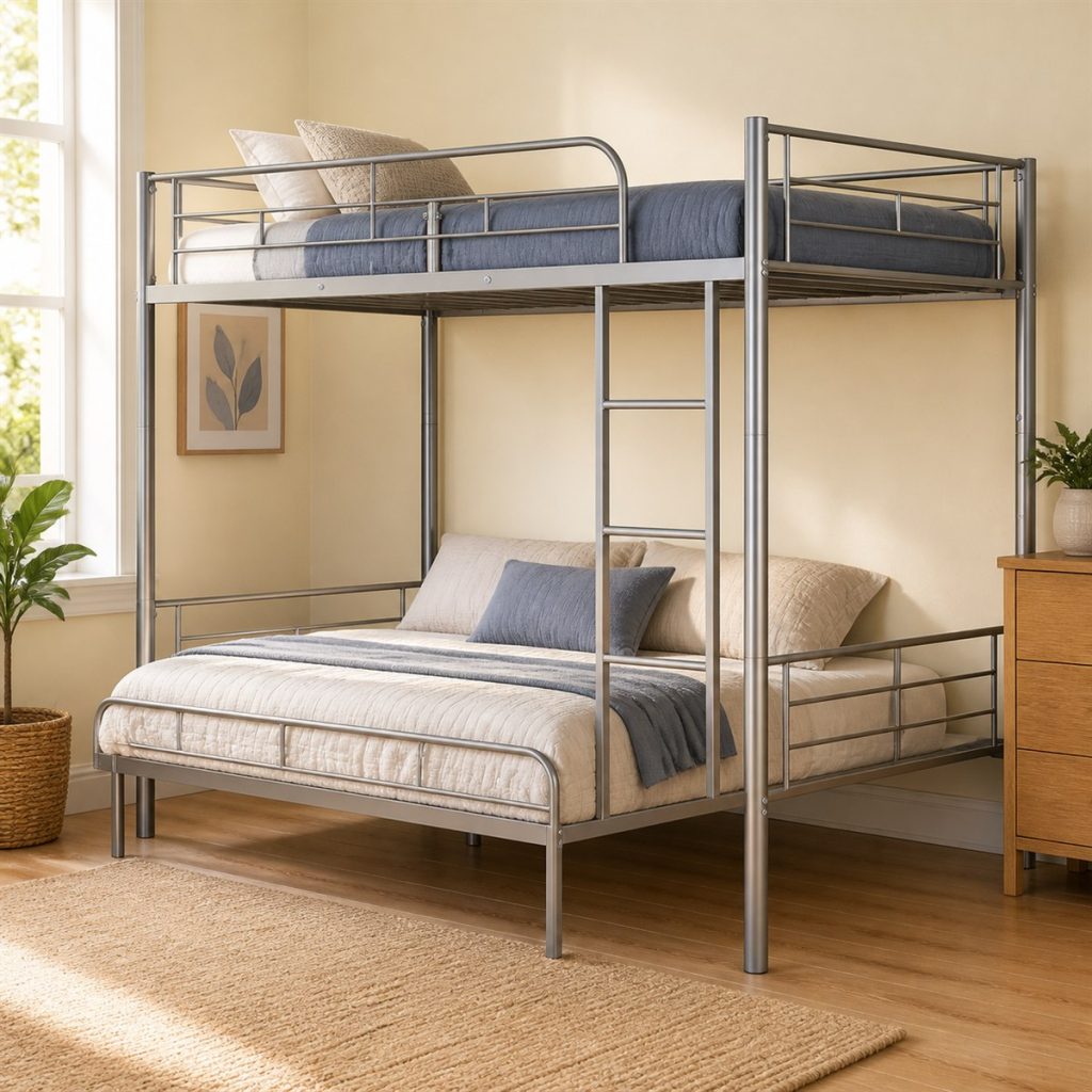 Silver metal twin-over-full bunk bed with integrated vertical ladder