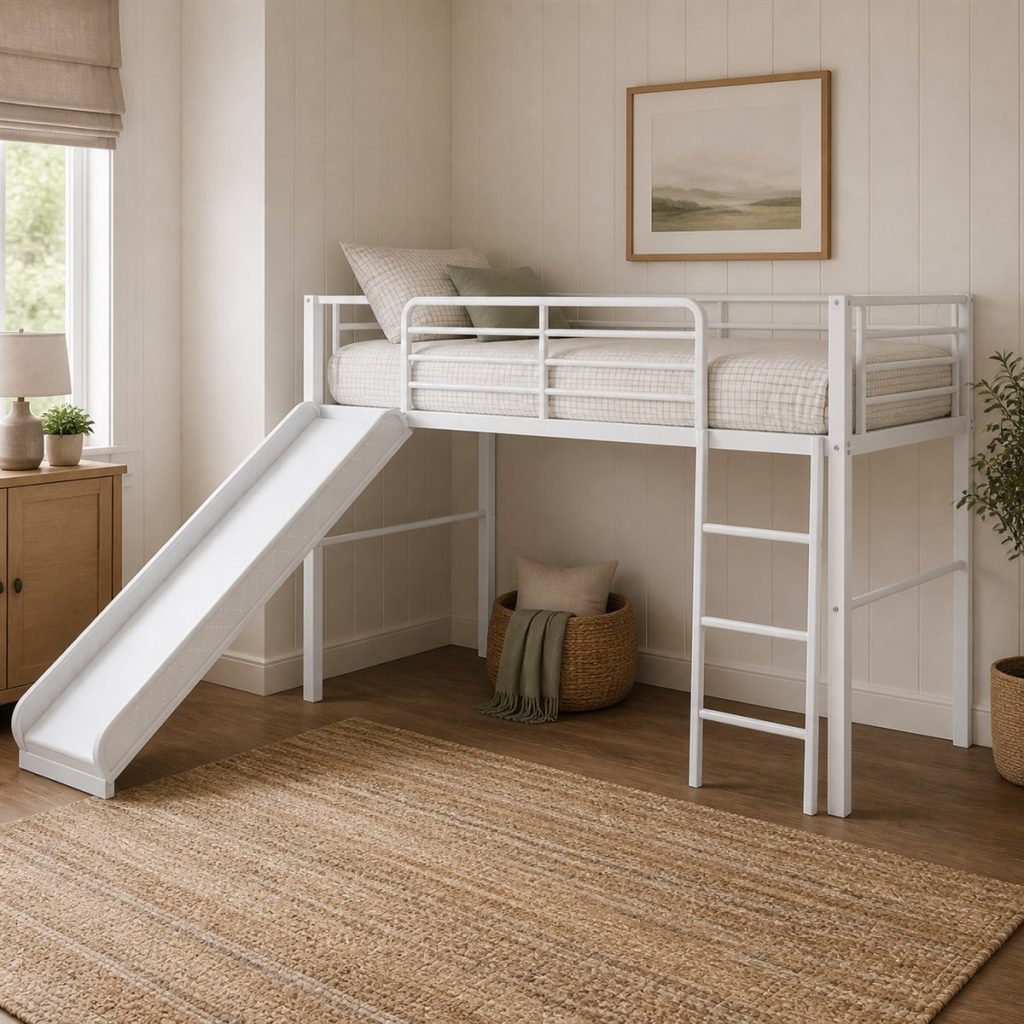White Loft with Slide and Separate Ladder shown in a square photorealistic twin over full bunk bed visualization