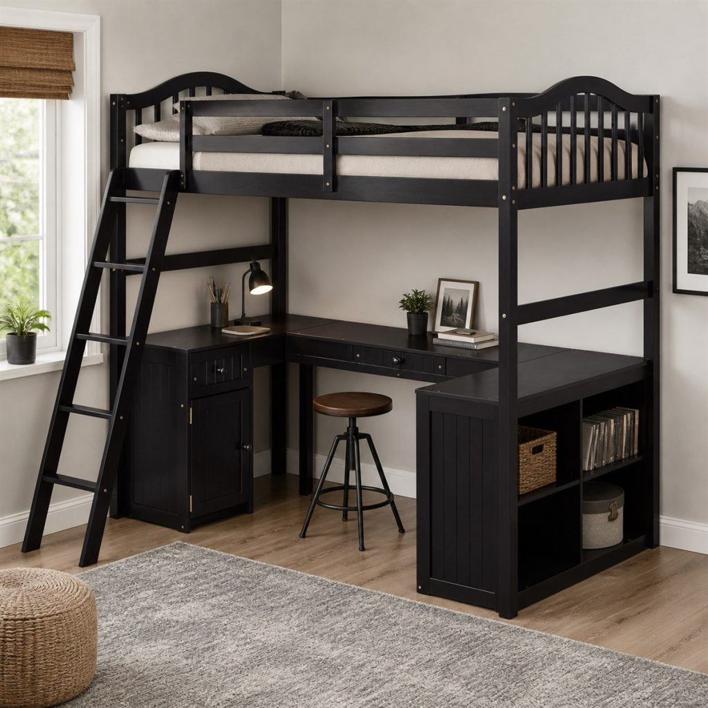 Black Loft with Desk and Storage shown in a square photorealistic twin over full bunk bed visualization