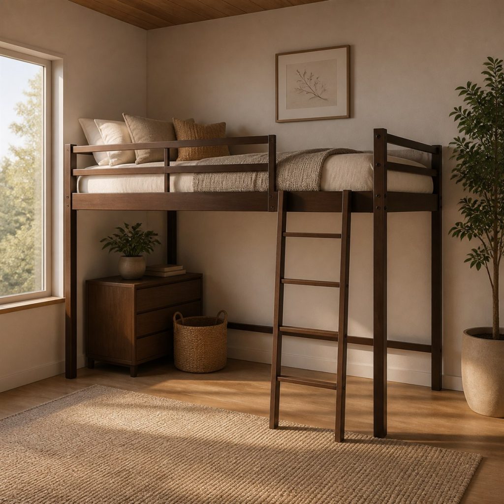 Walnut Raised Bed with Open Lower Zone shown in a square photorealistic twin over full bunk bed visualization