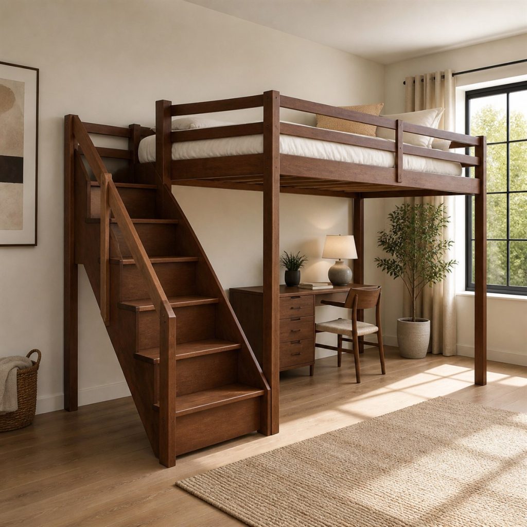 Cherry Loft with Progressive Storage Stairs shown in a square photorealistic twin over full bunk bed visualization