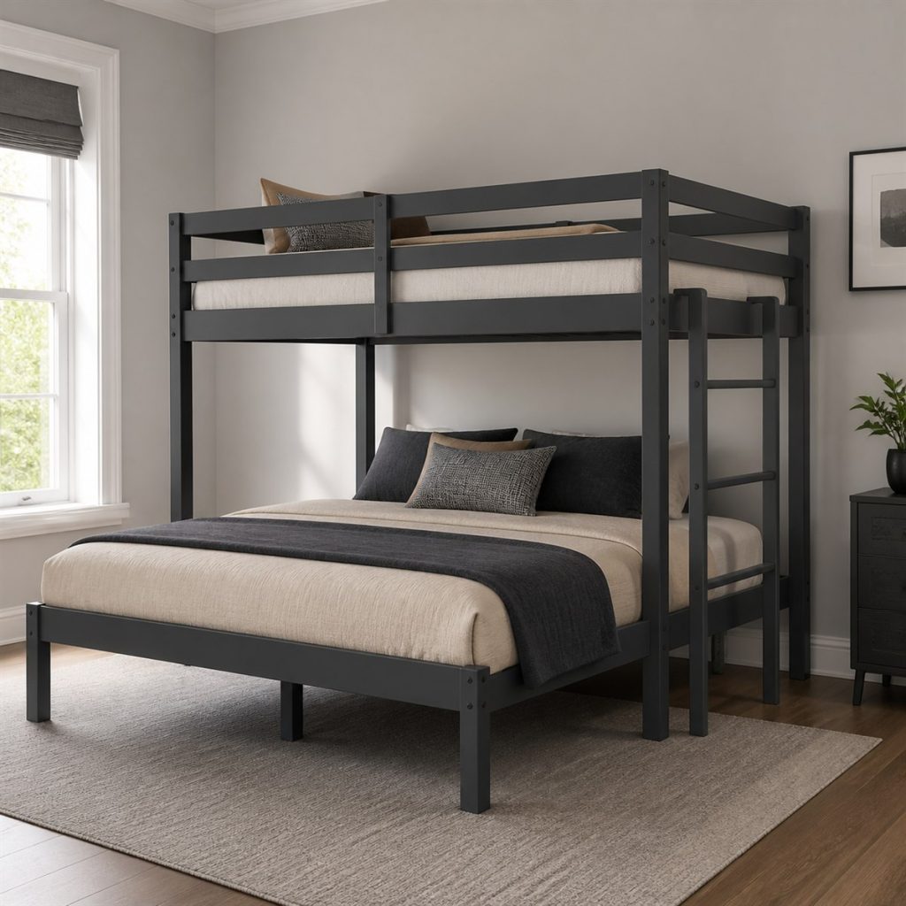 Charcoal Twin-over-Full with Center Leg shown in a square photorealistic twin over full bunk bed visualization