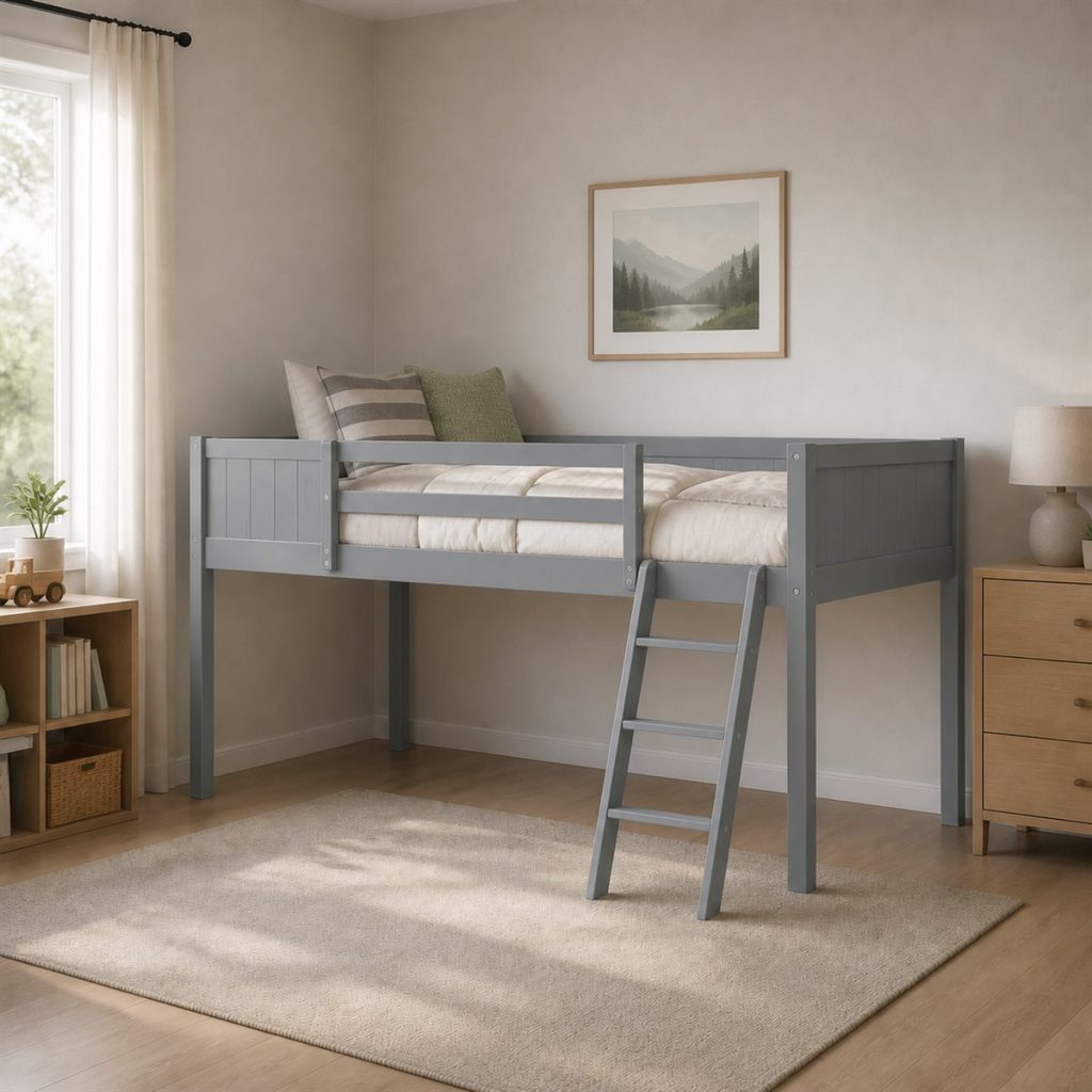 Soft Gray Low Loft with Four-Rung Ladder shown in a square photorealistic twin over full bunk bed visualization