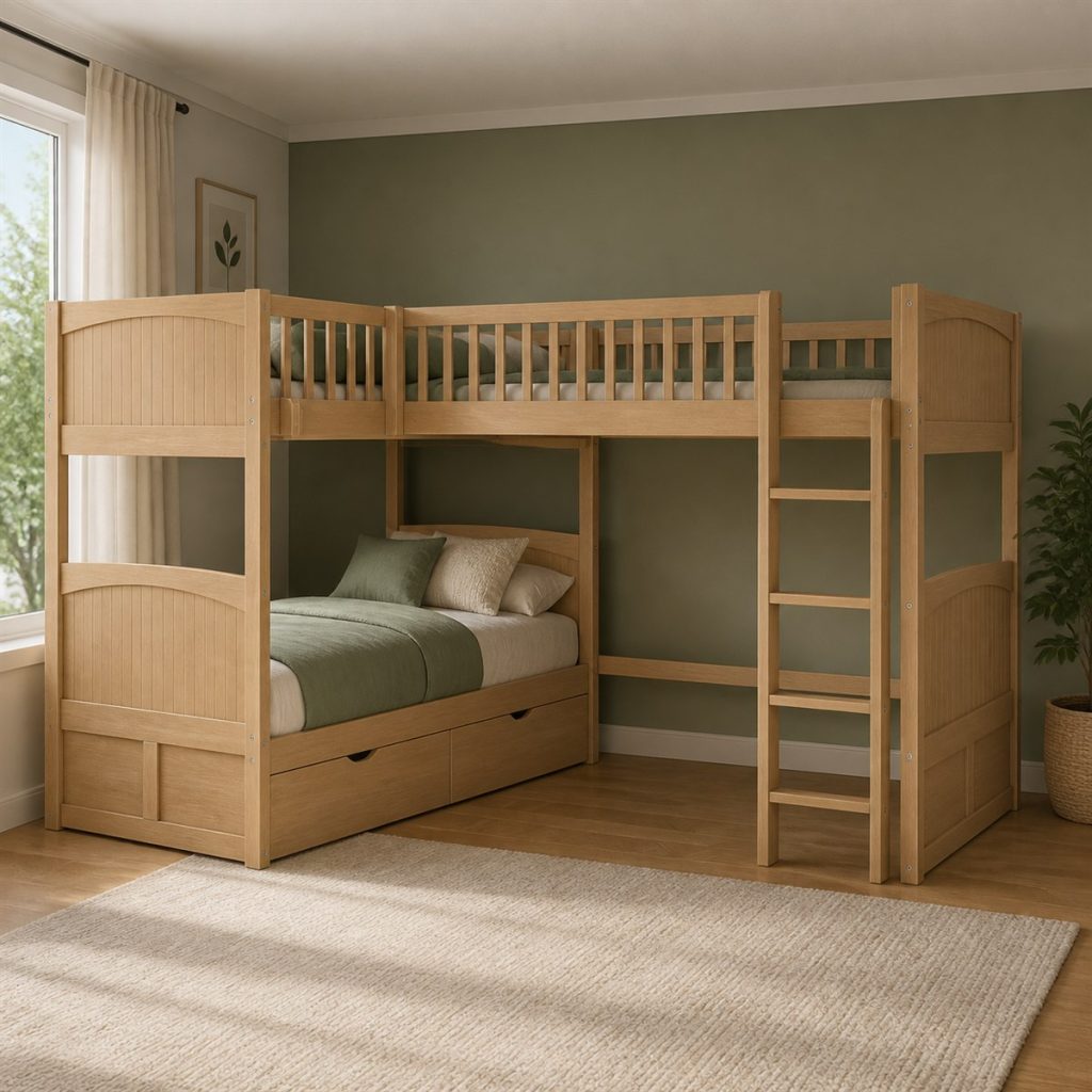 Natural Oak Corner Sleeping Layout shown in a square photorealistic twin over full bunk bed visualization