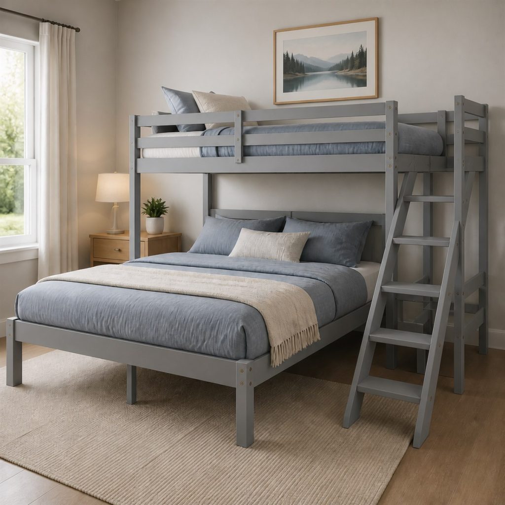 Gray Twin-over-Full with Visible Midpoint Support shown in a square photorealistic twin over full bunk bed visualization