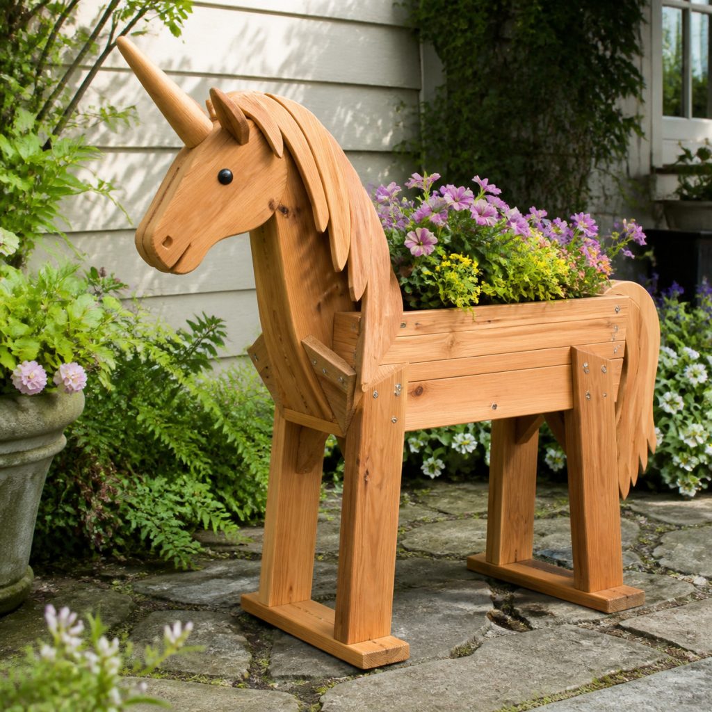 Classic Cedar Unicorn Planter shown as a square photorealistic cedar garden planter filled with cottage flowers