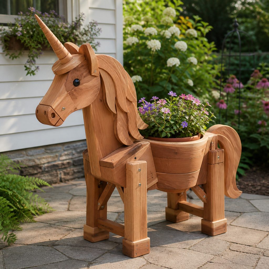 Compact Unicorn Foal Pot shown as a square photorealistic cedar garden planter filled with cottage flowers