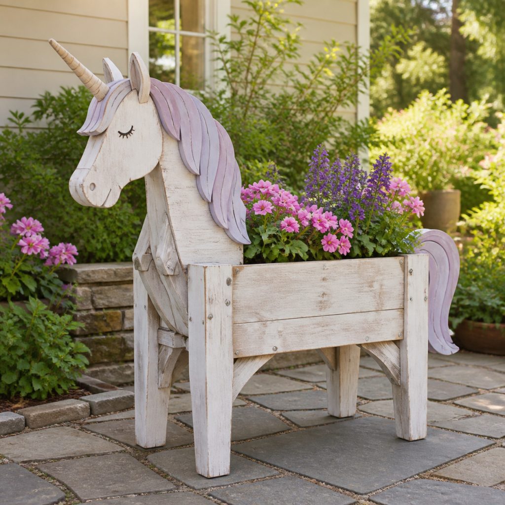Whitewashed Cottage Unicorn shown as a square photorealistic cedar garden planter filled with cottage flowers